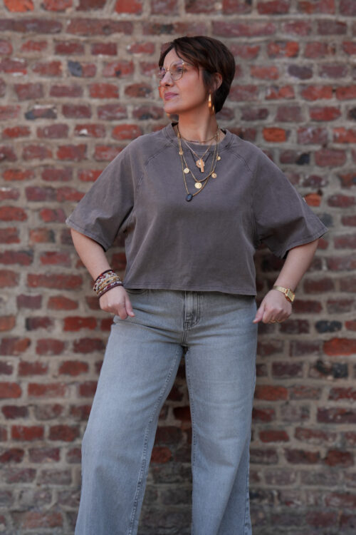 T-shirt oversize délavé - Coupe courte - Marron