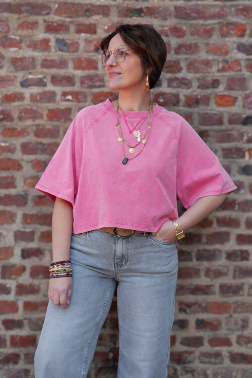 T-shirt oversize délavé - Coupe courte - Rose