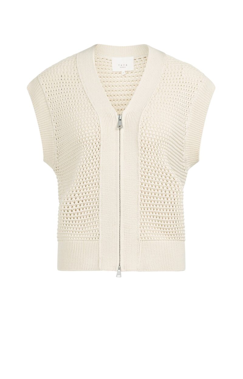 Cardigan sans manches en maille filet avec fermeture eclair YAYA creme YAYA 19097 2