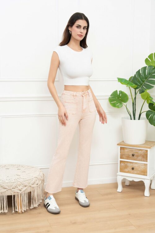 Jeans evasé coupe 3/4 - Détail poche - Rose clair délavé