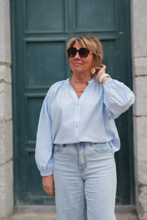 Blouse col rond à rayures - Agata - Bleu ciel