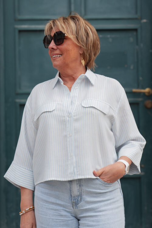 Chemise lignée avec manches 3/4 et poches - Bleu ciel