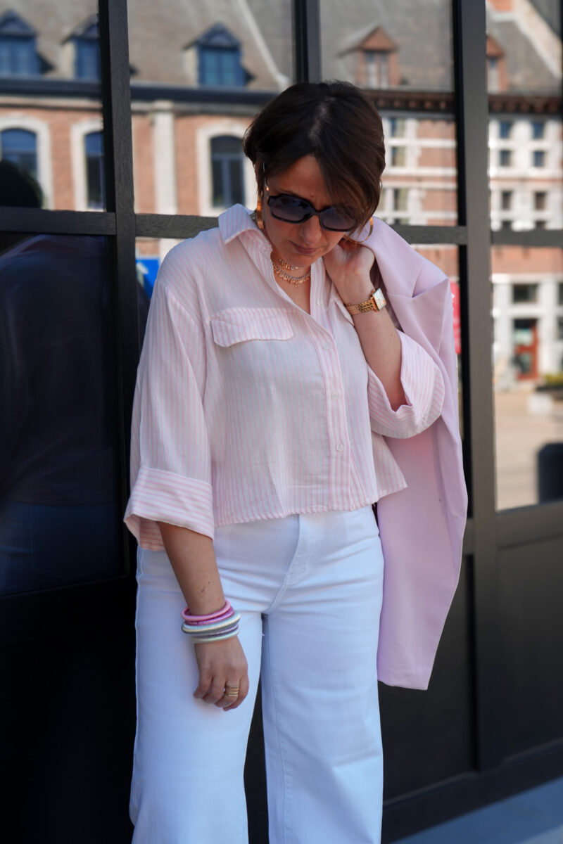 chemise lignee avec manches 3 4 et poches rose 05