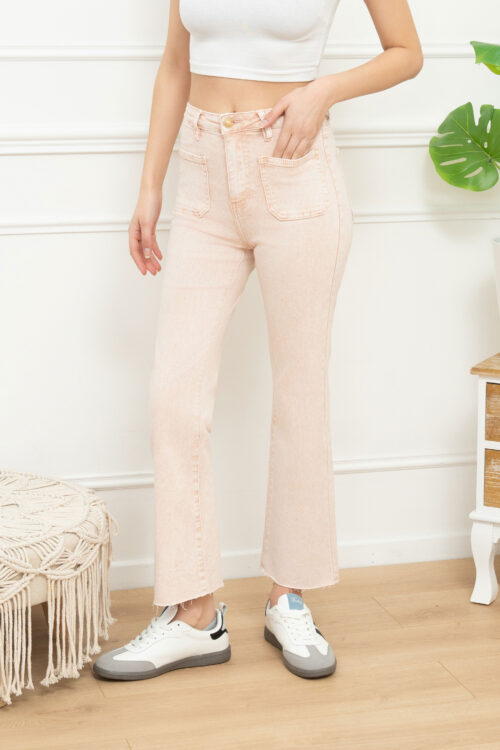 jeans evase coupe 3 4 detail poche rose clair delave 01