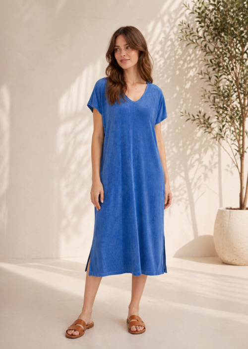 Robe en éponge col v - Erin - Bleu royal