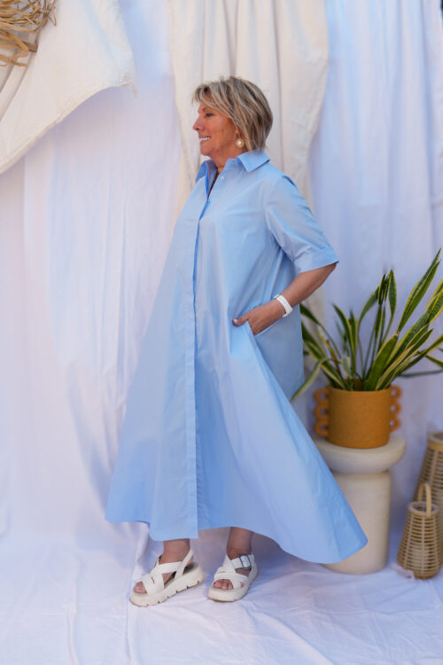 Robe mi-longue en coton glacé - Bleu ciel
