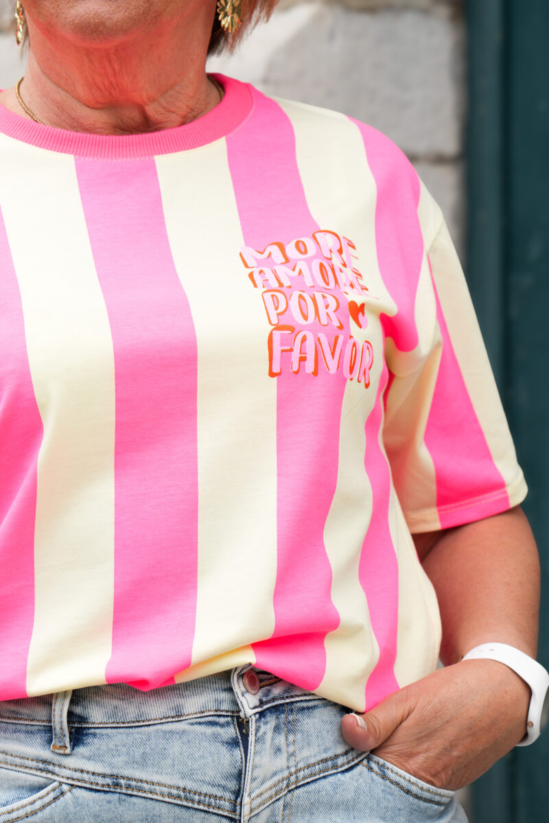 t shirt a rayures more amore por favor fuchsia et jaune 02