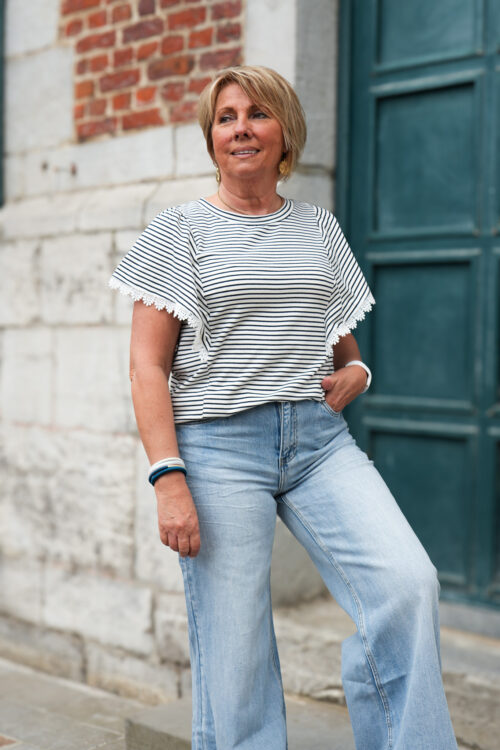 Home 7 T-shirt marinière - Manches larges avec détail en dentelle - Bleu