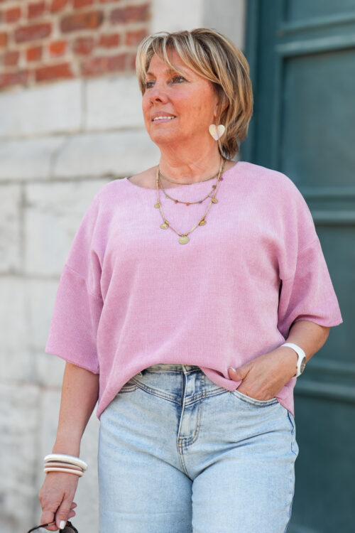 Home 5 T-shirt uni doux col bateau - Romy - rose lilas