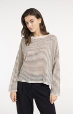 Pull à rayures, en maille, finition légèrement transparente - YAYA - Creme Beige Dessin (3)