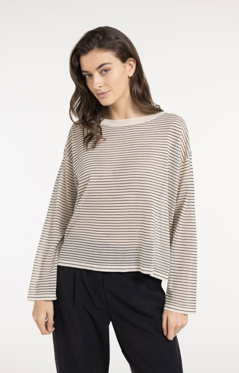 Pull à rayures, en maille, finition légèrement transparente - YAYA - Creme Beige Dessin (3)