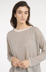 Pull à rayures, en maille, finition légèrement transparente - YAYA - Creme Beige Dessin (5)
