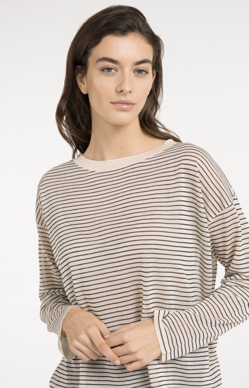 Pull à rayures, en maille, finition légèrement transparente - YAYA - Creme Beige Dessin (5)