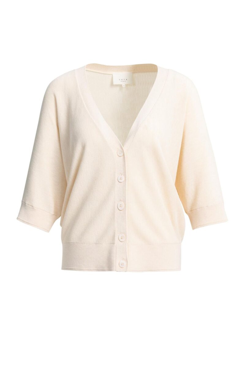 Cardigan manches chauve-souris courtes, fermeture Ã  boutons - YAYA - Cloud Creme White Melange