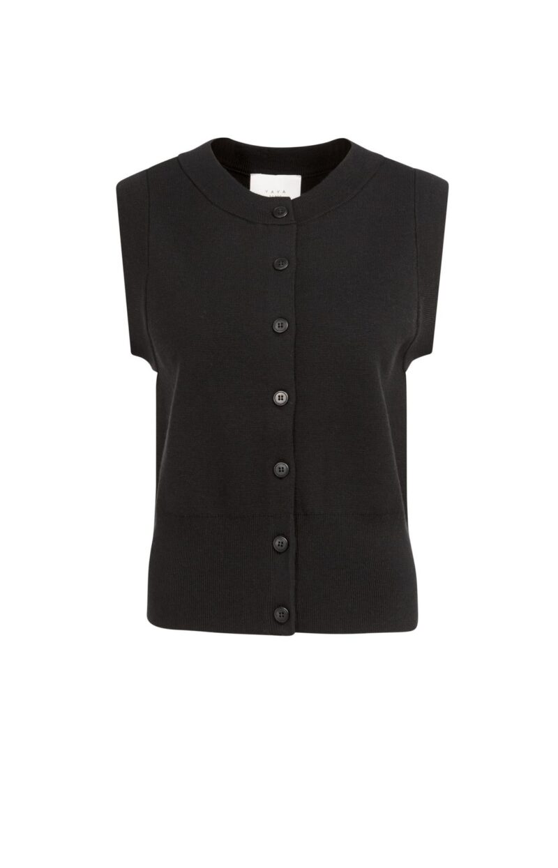 Cardigan sans manches en maille fine, fermeture à boutons - YAYA - Black (2)