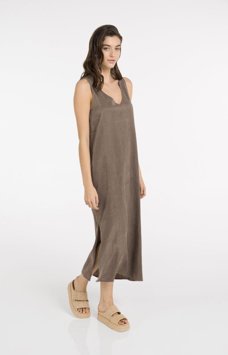 Robe col V, effet froissé - YAYA - Washed Brown (4)