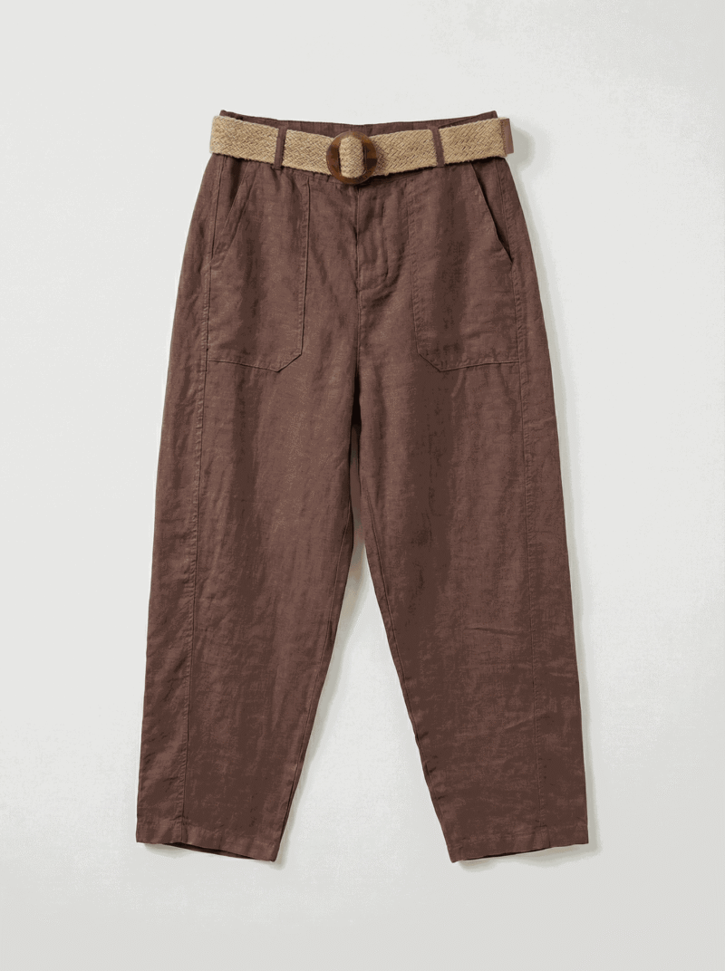 Pantalon en lin avec ceinture - Coupe barrel - Moka