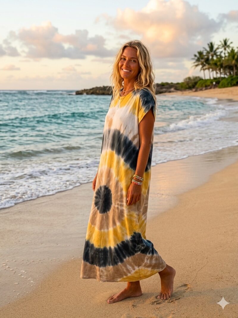Robe longue t shirt a motif Tie Dye Jaune Dame 19608 2 1