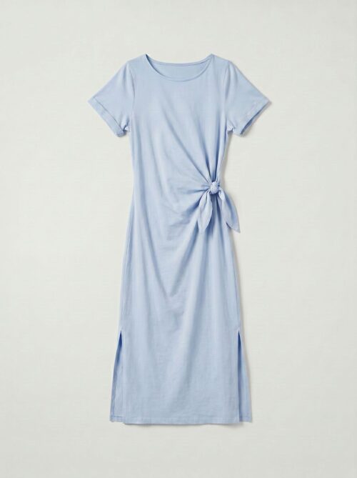 Robe longue t-shirt nouée à la taille - Stella - Bleu ciel