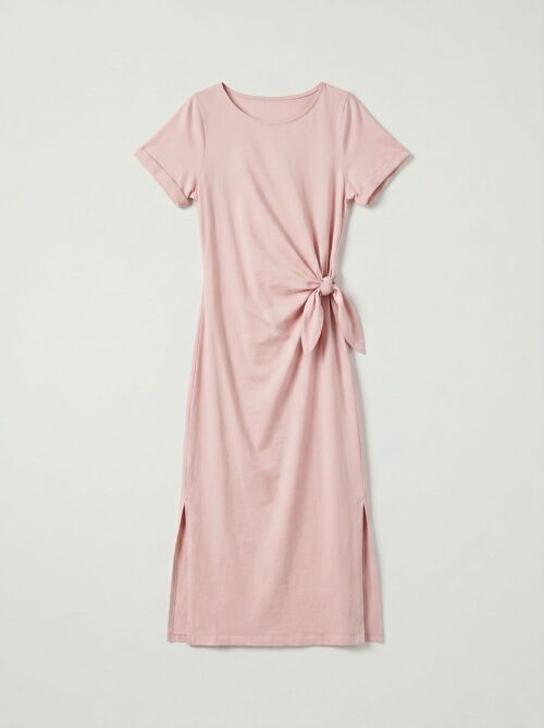 Robe longue t-shirt nouée à la taille - Stella - Rose pastel