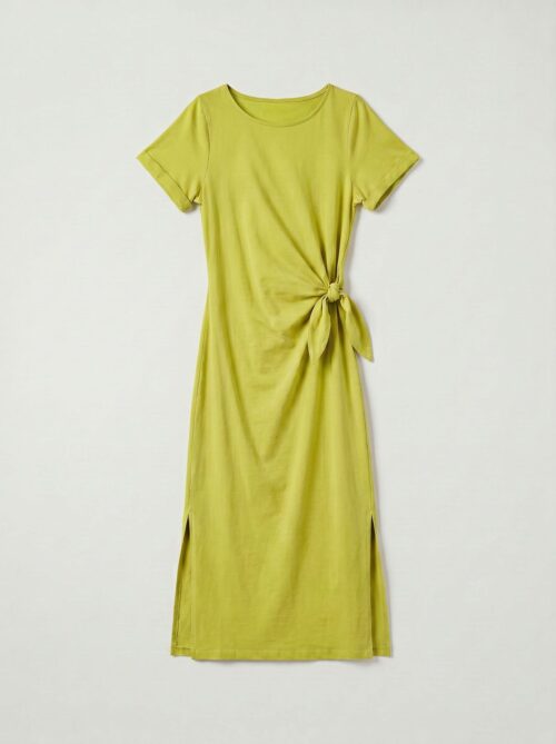 Robe longue t-shirt nouée à la taille - Stella - Vert citron