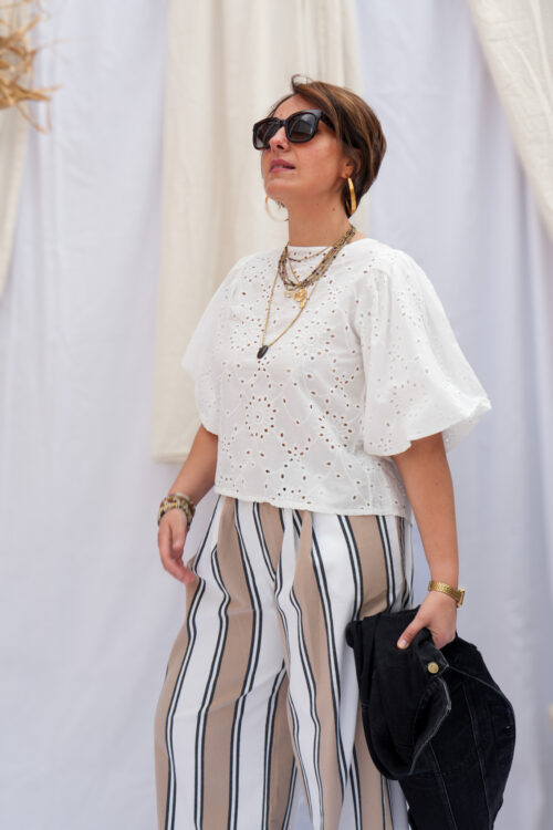 Blouse à manches ballon avec broderie - Panna - Blanc