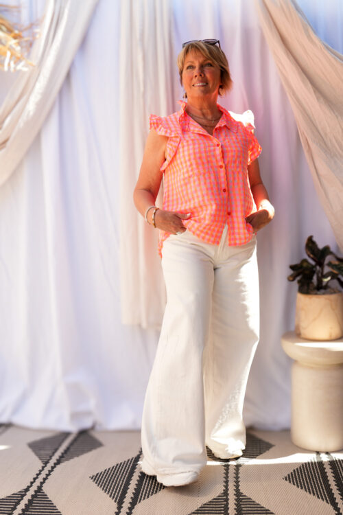 chemise debardeur a froufrou tissu a carreaux laurie orange 07