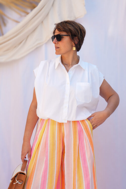 Chemise sans manche plis pats et élastique- Coupe ballon - Blanc