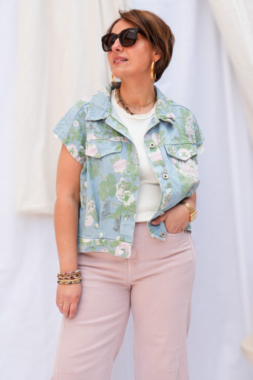 Gilet sans manche en jeans - Motif fleuri