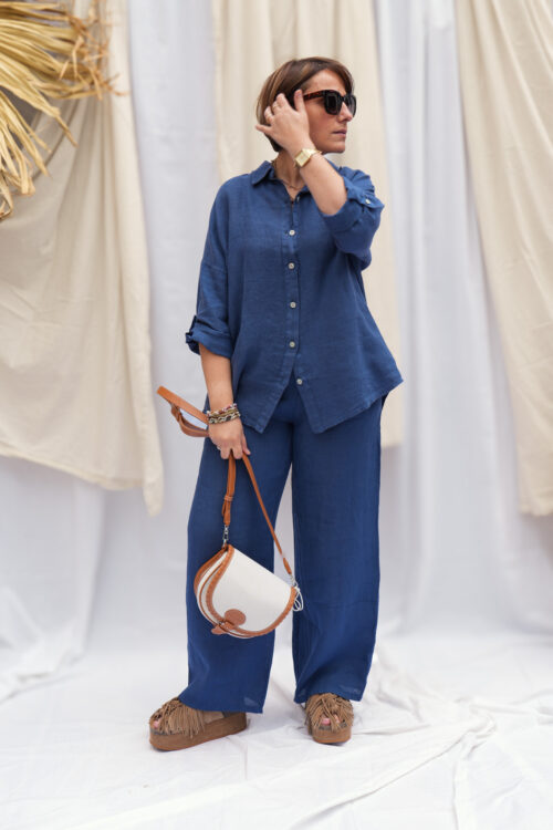 Chemise en lin avec manches retroussées - Marine