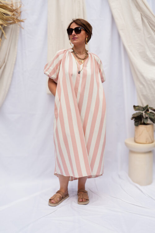 Robe courte à rayure - Manches ballons - Rose