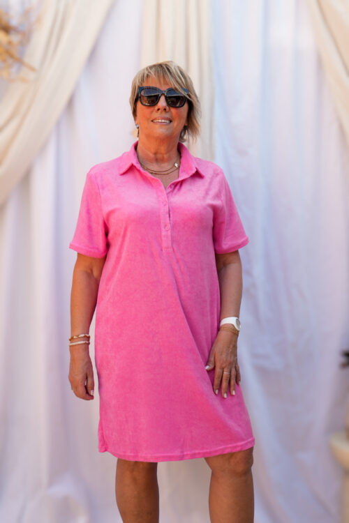 Robe courte en éponge boutonnée col polo - Sonia - Fuschia