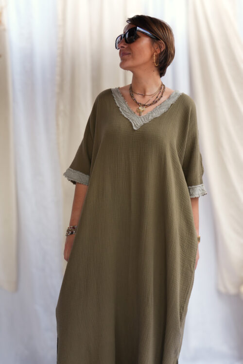 Robe longue en gaze de coton - Kaki