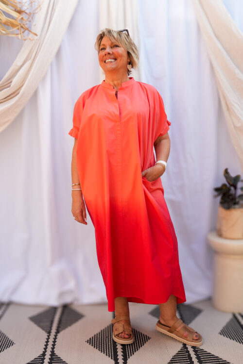 Robe longue fluide à manches courtes - Tie&Dye - Corail