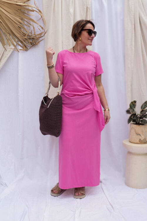 Robe longue t-shirt nouée à la taille - Stella - Fuschia
