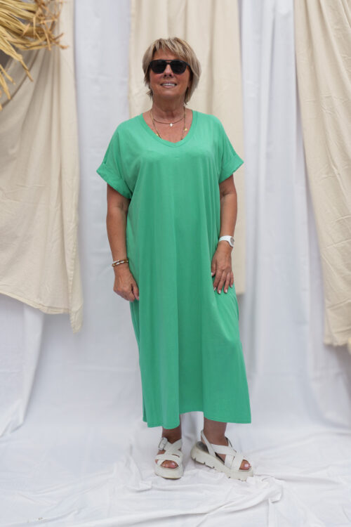 Robe unie col v manches courtes - Carla - Vert