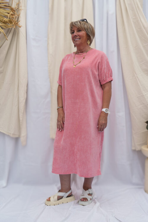 Robe unie douce manches courtes élastiquées - Romina - Pêche