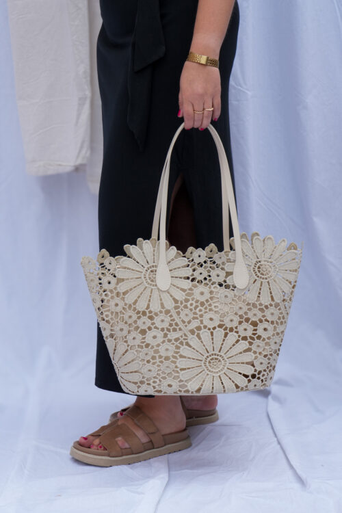 Sac cabas en coton dentelle - beige
