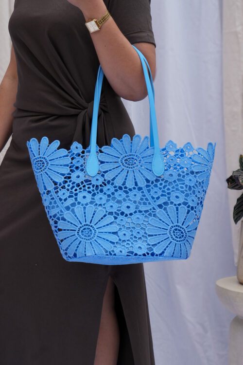 Sac cabas en coton dentelle - bleu ciel