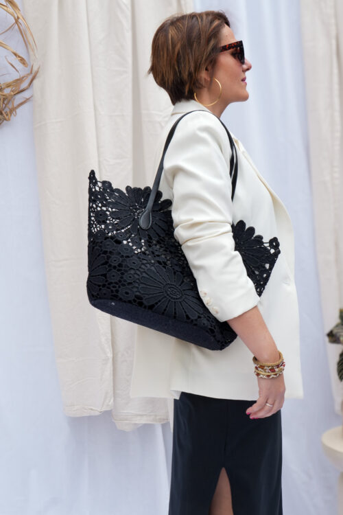 Sac cabas en coton dentelle - NOIR