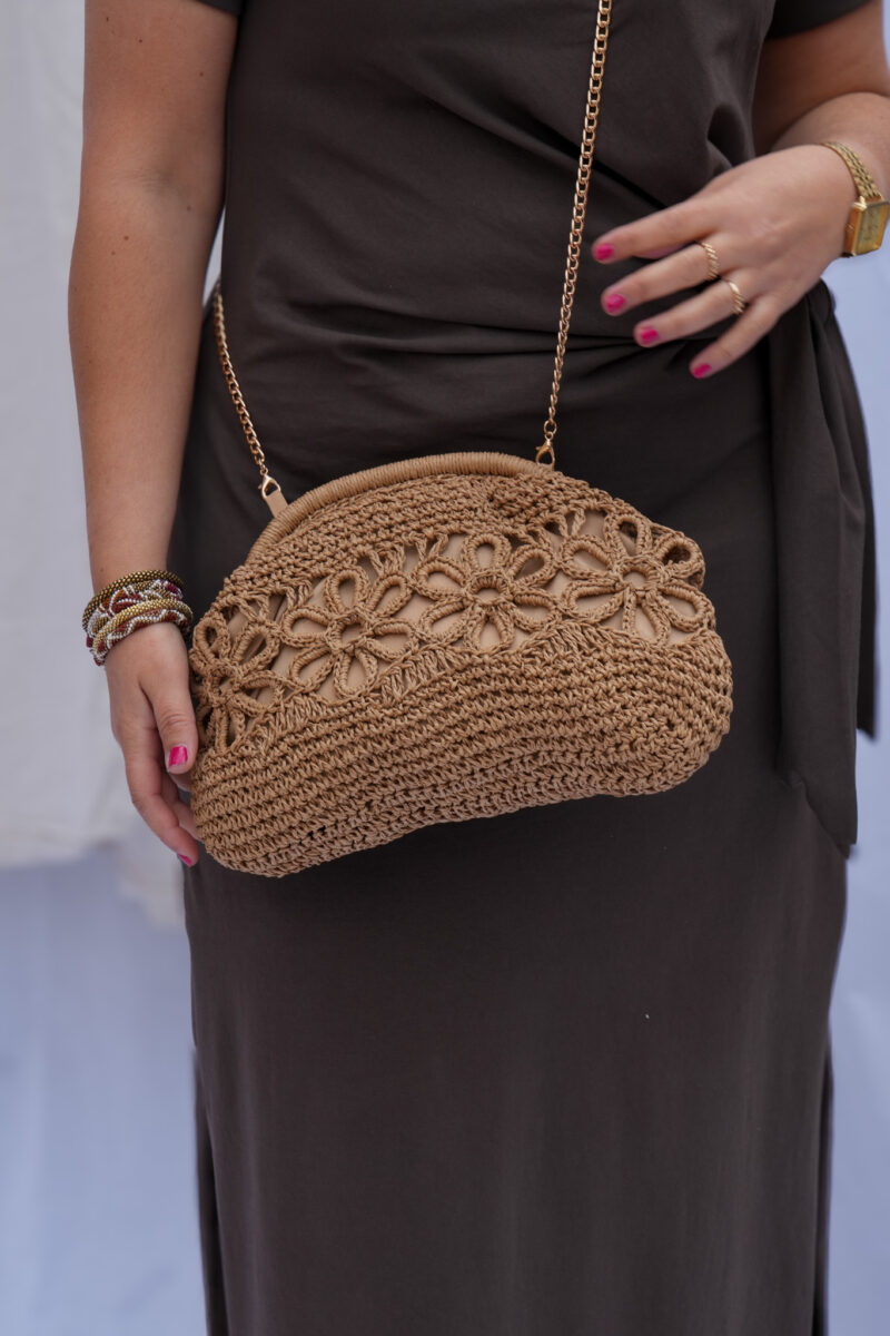sac pochette raphia fleurs brun 03