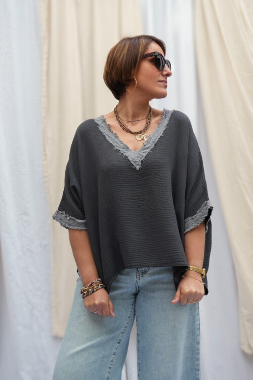Top manches courtes en gaz de coton - Gris