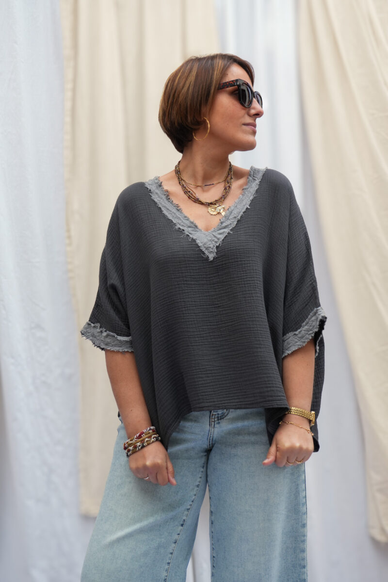top manches courtes en gaz de coton gris 04