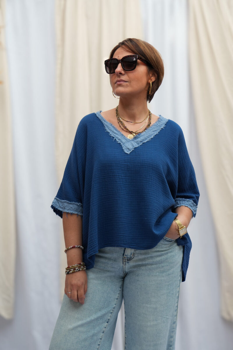 top manches courtes en gaz de coton marine 03