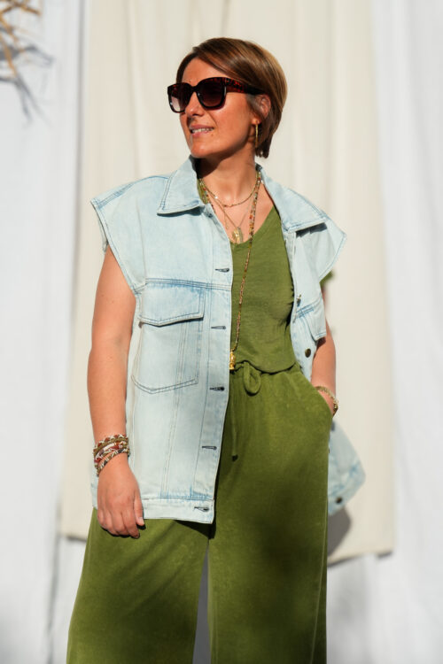 Veste en jeans sans manche oversize - Célia - Bleu ciel