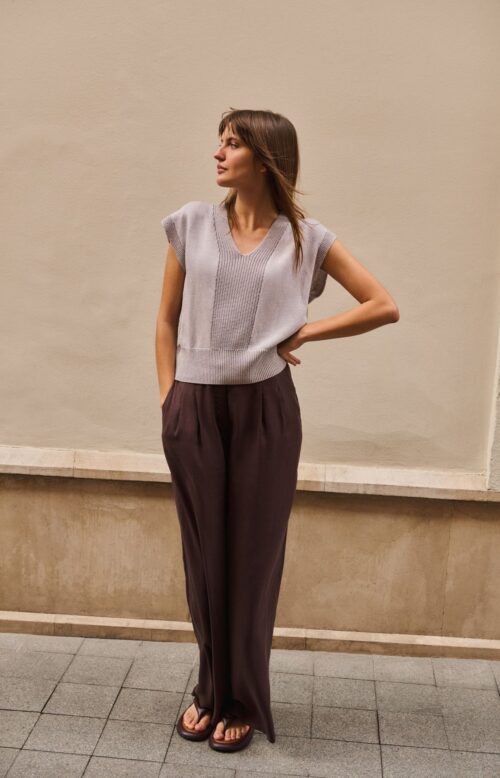 Pull col V en maille texturée - YAYA - Alabaster Gray Melange (6)