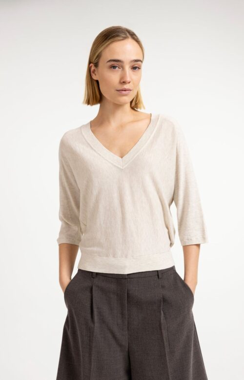 Home 13 Pull col V, manches 3/4 et coutures apparentes - YAYA - Beige Melange