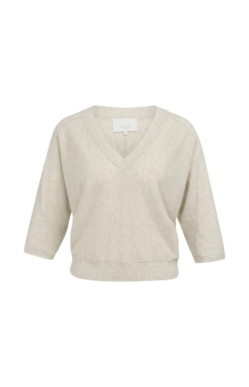 Pull col V, manches 3/4 et coutures apparentes - YAYA - Beige Melange (2)