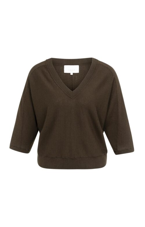Pull col V, manches 3/4 et coutures apparentes - YAYA - Delicioso Brown Melange (2)