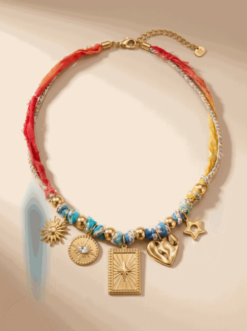 Collier en tissu avec charms - Rylee - Doré